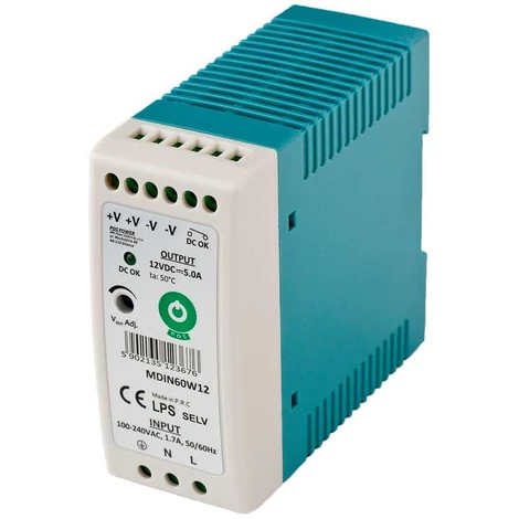 POS MDIN60W12, tenký napájací zdroj na DIN lištu 12V/5A, plastové puzdro