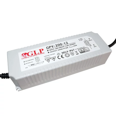 GLP GPV-200-12, GLP tápegység GPV sorozat 12V/16A, CV, nem PFC, IP67 műanyag ház