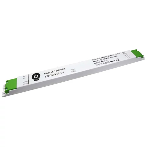 Tápegység POS FTPC60V12-DA, POS LED meghajtó 12V/5A CV DALI nyomógombos fényerőszabályozással, lineáris műanyag ház