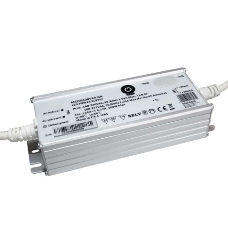 Napájací zdroj POS MCHQ100V24-GA, LED ovládač 24V/4,17A CV, kovové puzdro, PFC, univerzálny AC vstup (max. 305VAC), nastaviteľný Uo/Io