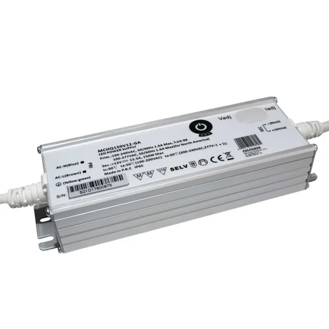 Napájací zdroj POS MCHQ150V12-GA, LED ovládač 12V/12,5A CV, kovové puzdro, PFC, univerzálny AC vstup (max. 305VAC), nastaviteľné Uo/Io