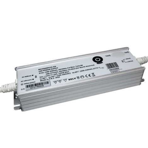 Napájací zdroj POS MCHQ200V12-GA, LED ovládač 12V/16A CV, kovové puzdro, PFC, univerzálny AC vstup (max. 305VAC), nastaviteľný Uo/Io