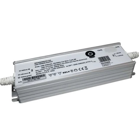 Napájací zdroj POS MCHQ200V24-GA, LED ovládač 24V/8,3A CV, kovové puzdro, PFC, univerzálny AC vstup (max. 305VAC), nastaviteľný Uo/Io