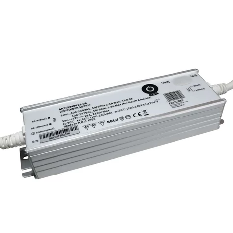 Napájací zdroj POS MCHQ240V12-GA, LED ovládač 12V/18A CV, kovové puzdro, PFC, univerzálny AC vstup (max. 305VAC), nastaviteľné Uo/Io