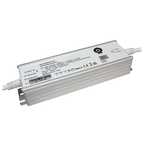 Napájací zdroj POS MCHQ240V12-GE, LED ovládač 12V/18A 216W CV, kovové puzdro, PFC, EU AC vstup (180-305VAC), IP67, nenastaviteľný