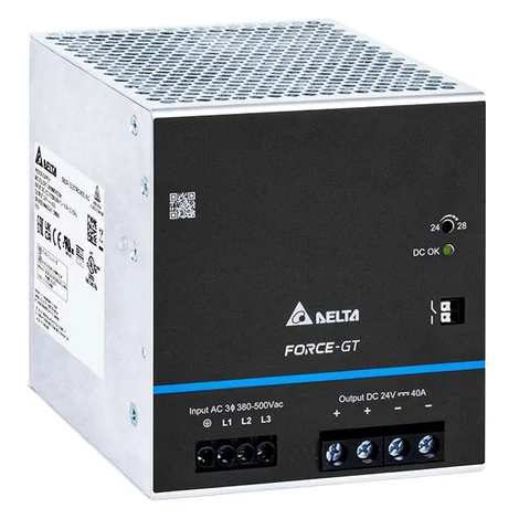 Napájací zdroj DELTA DRF-24V960W3GBA, montáž na DIN lištu Delta 24V/40A, FORCE-GT, vysoká účinnosť, vysoká hustota výkonu, 3-fázový vstup