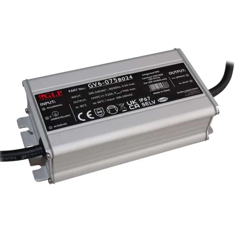 GLP GV6-075B024, GLP tápegység 75W: 24V/3.1A, CV, fémház, téglalap alakú