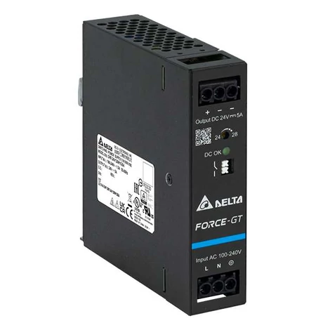 Tápegység DELTA DRF-24V120W1GBA, Delta DIN sínre szerelhető 24V/5A, FORCE-GT, nagy hatásfok, nagy teljesítménysűrűség
