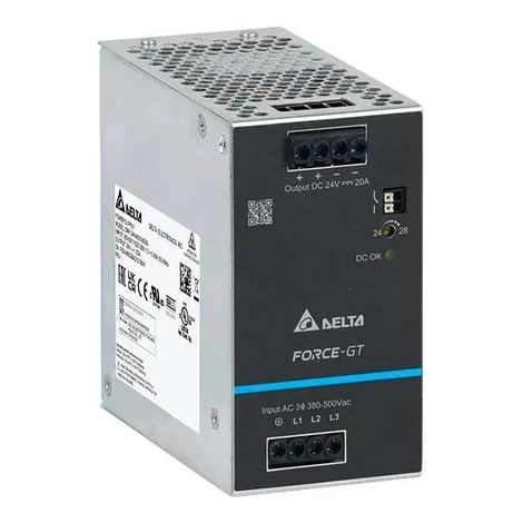 Power supply DELTA DRF-24V480W3GBA, Delta DIN rail mountable 24V/20A, FORCE-GT, high efficiency, high power density, 3-phase input Power supply DELTA DRF-24V480W3GBA, Delta DIN rail mountable 24V/20A, FORCE-GT, high efficiency, high power density, 3-phase input