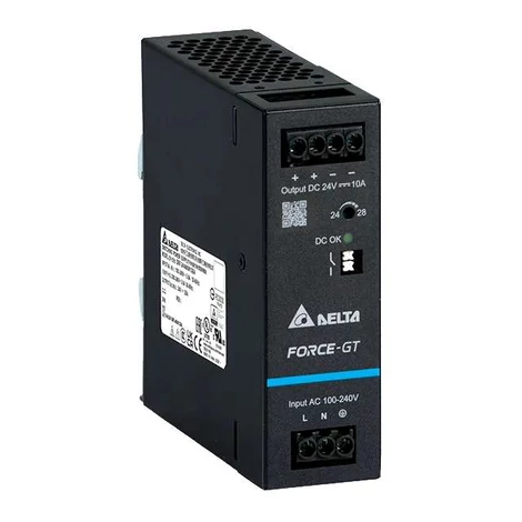 Tápegység DELTA DRF-12V240W1GBA, Delta DIN sínre szerelhető 12V/20A, FORCE-GT, nagy hatásfok, nagy teljesítménysűrűség