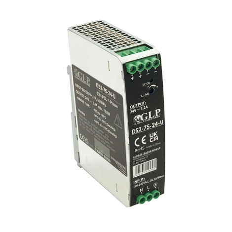 GLP DS2-75-12-U, GLP: Napájací zdroj 12V/6,3A/75,6W s kovovým puzdrom na DIN lištu, Uin = 90-264VAC / 120-370VDC