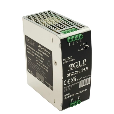 GLP DFS2-240-24-U, GLP: Napájací zdroj 24V/10A/240W na DIN lištu s kovovým puzdrom, PFC, Uin = 85-264VAC / 120-370VDC