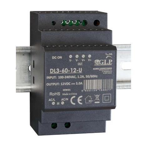 GLP DL3-60-12-U, GLP: 12V/5A/60W DIN sínre szerelhető tápegység műanyag ház, Uin = 90-264VAC