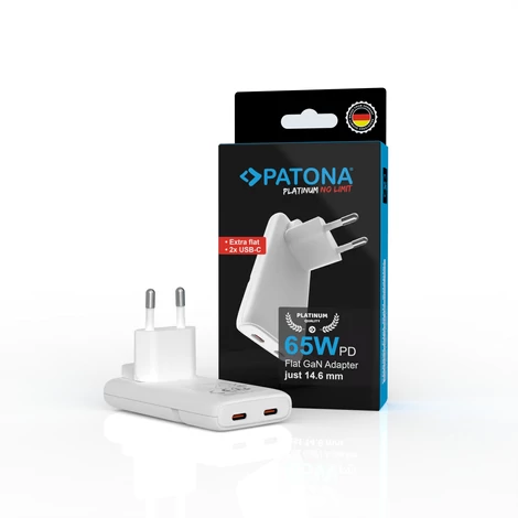 PATONA Platinum GaN PD65W Plochý Adaptér Biela 2x USB-C PD3.0 QC3.0