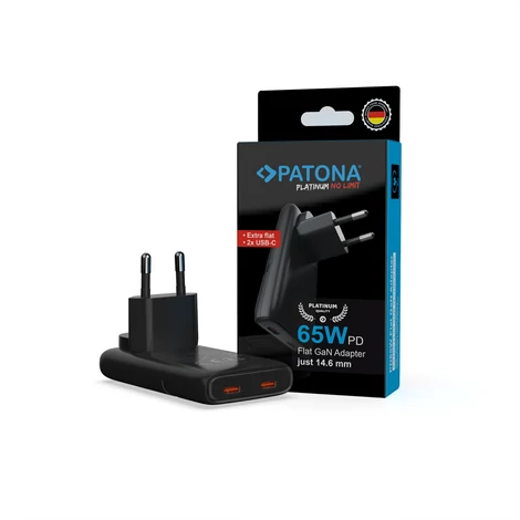 PATONA Platinum GaN PD65W Lapos Adapter Fekete 2x USB-C PD3.0 QC3.0
