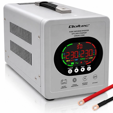 Qoltec Tiszta Szinuszhullámú UPS keringető szivattyúhoz| 1000VA/720W | 12/230V inverter AVR-rel | LCD | LiFePO4 AGM GEL