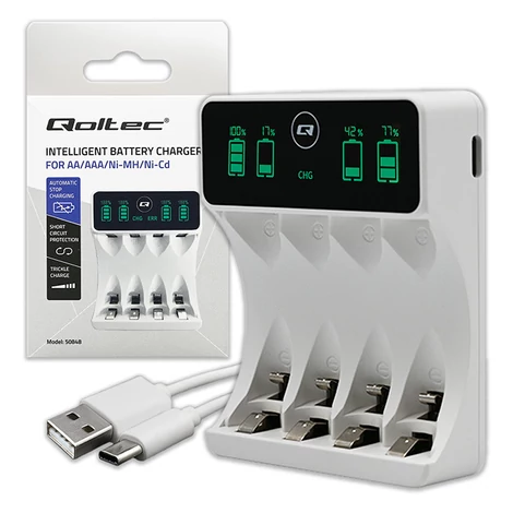Qoltec akkumulátortöltő Ni-MH típusú R03 AAA R6 AA | LCD | USB-C kábel | Fehér
