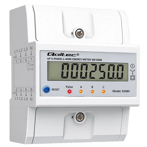 Qoltec Trojfázový elektronický merač s resetovaním | Merač spotreby energie na DIN lištu | 400V | 100A | LCD | LED | 4P