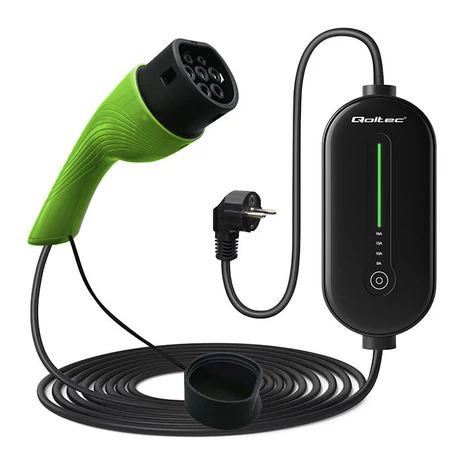 Qoltec Mobil EV Elektromos Autó Töltő 2 az 1-ben Type 2 Állítással | 3,5kW | 230V | LCD | LED | 5m