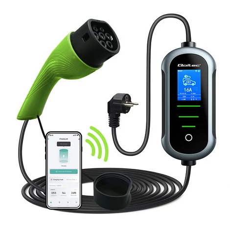 Qoltec Mobilná nabíjačka pre elektrické vozidlá s 2-v-1 nastavením typu 2 | 3,5 kW | 230V | Wi-fi | TUYA | SMART LIFE | LCD | LED | Prenosná | 5m
