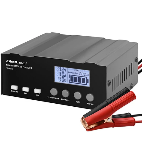 Qoltec Intelligens Mikroprocesszoros Töltő 12V 12A | 12.6V | 24V 7A | Akkumulátortöltő Javító Funkcióval AGM, GEL, LiFePO4 Akkumulátorokhoz | LCD