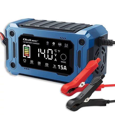 Qoltec Intelligens mikroprocesszoros töltő 12V 15A | Egyenirányító javító funkcióval és áramellátás fenntartásával akkumulátorcsere során | AGM GEL LiFePO4-hoz | LCD