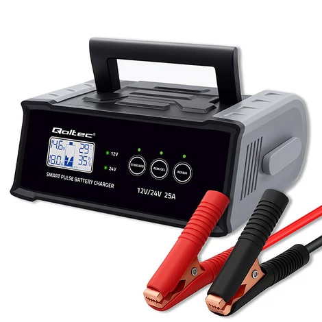 Qoltec Inteligentná mikroprocesorová nabíjačka 12V 24V 25A | Usmerňovač s funkciou opravy pre AGM GEL SLA batériu | LCD