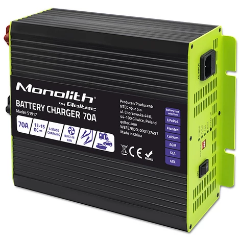 Qoltec Smart Monolith nabíjačka pre LiFePO4 AGM GEL SLA batérie | 70A | 12V | Rýchle nabíjanie