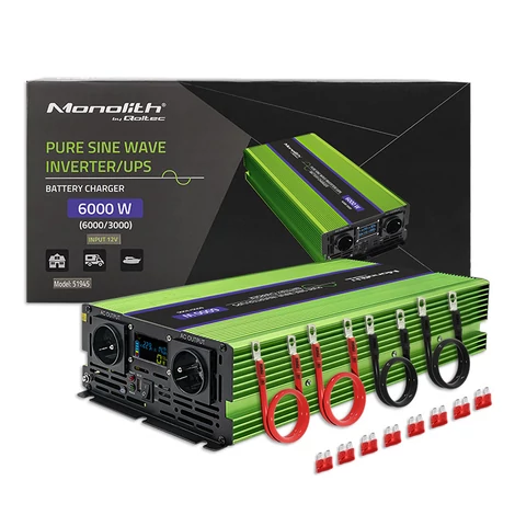 Qoltec Monolith Pure Sine Wave Invertor | Nabíjačka batérií | UPS | 3000W | 6000W | 12V - 230V | LCD