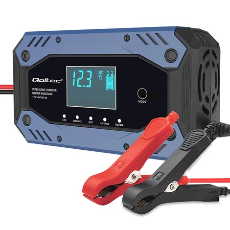 Qoltec Intelligens töltő STD AGM GEL LiFePO4 akkumulátorhoz javítási funkcióval |12-24V |10A | LCD | 9 mód