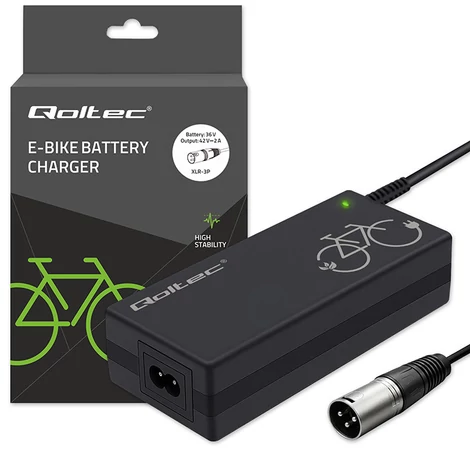 Qoltec Elektromos Kerékpár Töltő 36V | 42V | 2A | 3P XLR-18mm + Tápkábel