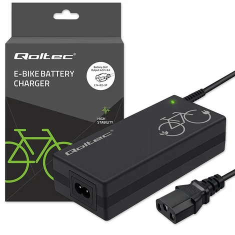 Qoltec Elektromos Kerékpár Töltő 36V | 42V | 2A | C14-IEC-3Pin + Tápkábel