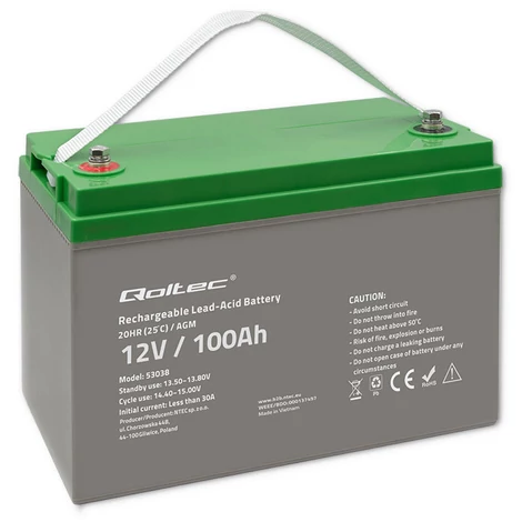 Qoltec AGM batéria | 12V | 100Ah | 28,1 kg | Bezúdržbový | PV, UPS, RV, čln