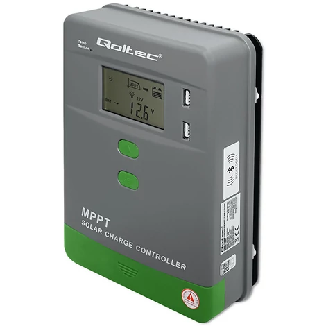 Qoltec Napelemes Töltésszabályozó MPPT hőmérséklet-érzékelővel 10A | 12V / 24V | LCD | 2 x USB | Bluetooth | APP | GEL | LiFePO4