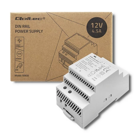 Napájací zdroj Qoltec na DIN lištu | 54W | 12V | 4,5A | Sivý