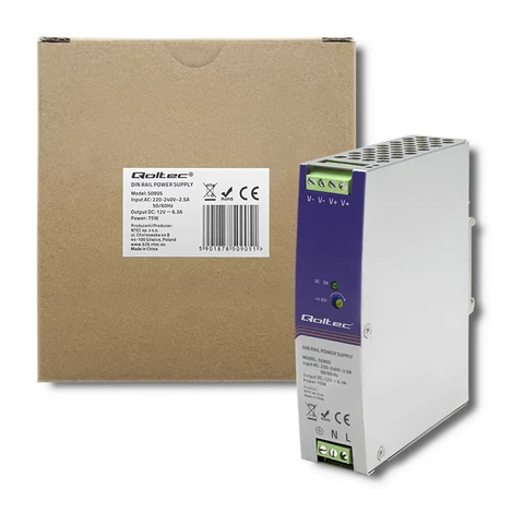 Priemyselný napájací zdroj Qoltec na DIN lištu | 75W | 12V | 6,3A