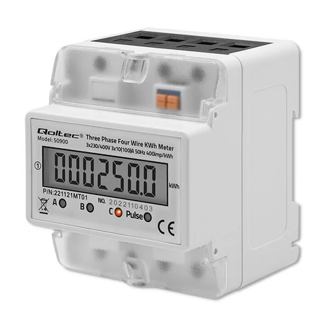 Qoltec Trojfázový elektronický merač energie | 400V | LCD | 4P | DIN lišta