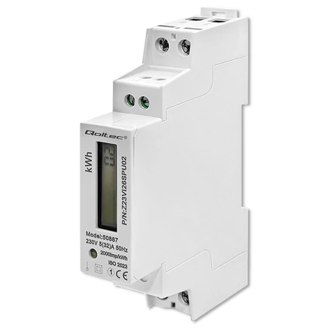 Jednofázový elektronický merač energie Qoltec | DIN lišta | 230 V | LCD | 1P | Tenký