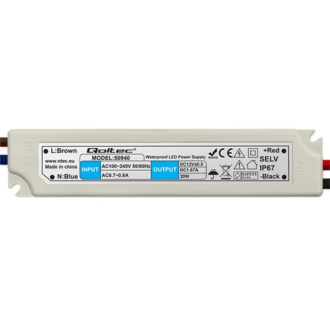 Qoltec LED meghajtó IP67 20W | 12V | 1.6A | Vízálló | Fehér
