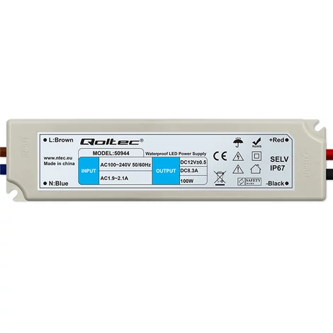 Qoltec LED ovládač IP67 100W | 12V | 8,3A | Vodotesný | Biely