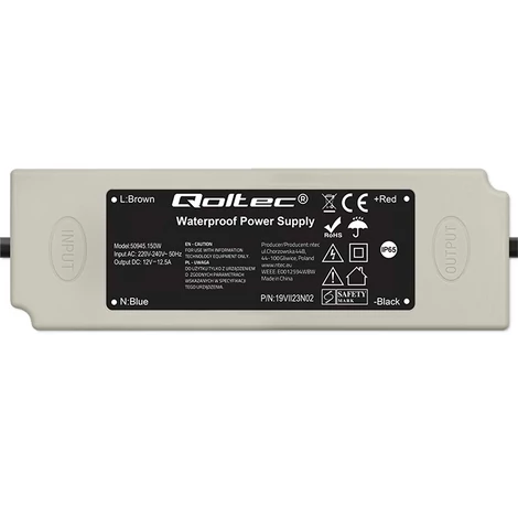 Qoltec LED ovládač IP67 150W | 12V | 12,5A | Vodotesný | Biely