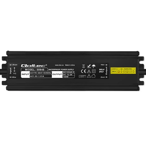 Qoltec LED ovládač IP67 150W | 12V | 12,5A | Vodotesný | Čierny