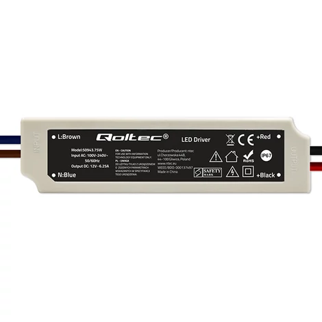 Qoltec LED ovládač IP67 75W | 12V | 6,25A | Vodotesný | Biely