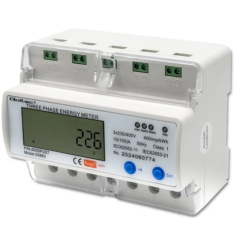 Trojfázový elektronický merač Qoltec | Merač spotreby energie na DIN lištu | 400 V | LCD | Wi-Fi