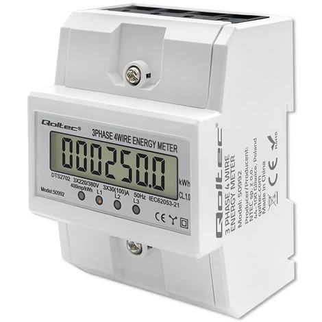 Trojfázový elektronický merač Qoltec | Merač spotreby energie na DIN lištu | 400V | 100A | LCD | 4P