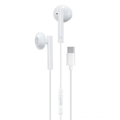 WK Design USB Type C csatlakozóval rendelkező vezetékes fülhallgató, távirányítóval, fehér (YA01)