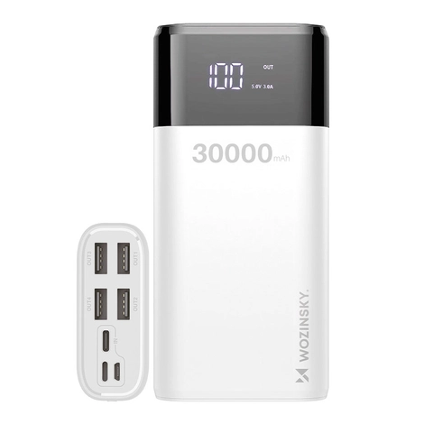 Wozinsky Power Bank 4x USB 30000mAh, 4A, kijelzővel ellátva, fehér (WPB-001WE) - Felbontott csomagolású