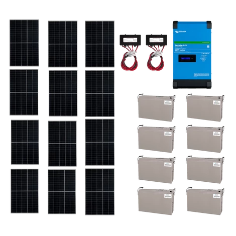 Szigetüzemű napelemes MPPT rendszer csomag / szett Victron Energy EasySolar-II 48V DC 5000VA/4000W AGM 8x200Ah Akkumulátor 12x405W napelem