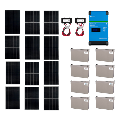 Szigetüzemű napelemes MPPT rendszer csomag / szett Victron Energy EasySolar-II 48V DC 5000VA/4000W AGM 8x200Ah Akkumulátor 12x405W napelem