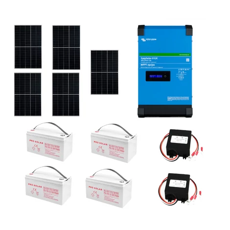 Szigetüzemű napelemes MPPT rendszer csomag / szett Victron Energy EASYSOLAR-II 24V 3000VA / 2400W AGM 4x110Ah Akkumulátor 5x405W napelem